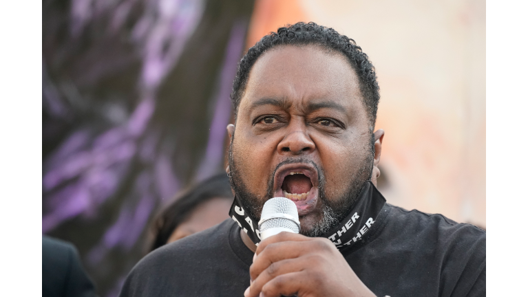 Jacob Blake Sr., the father of Jacob Blake, speaks during a news conference, Friday, Sept. 25, 2020, in Louisville, Ky. Breonna Taylor's family attorney Ben Crump is calling for the Kentucky attorney general to release the transcripts from the grand jury that decided not to charge any of the officers involved in the Black woman's death. (AP Photo/Darron Cummings)