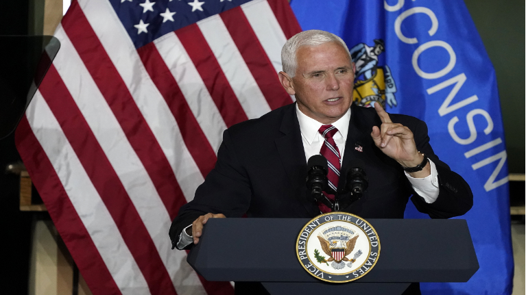 Vice President Mike Pence speaks at the Tankcraft Corporation Wednesday, Aug. 19, 2020, in Darien, Wis. (AP Photo/Morry Gash)