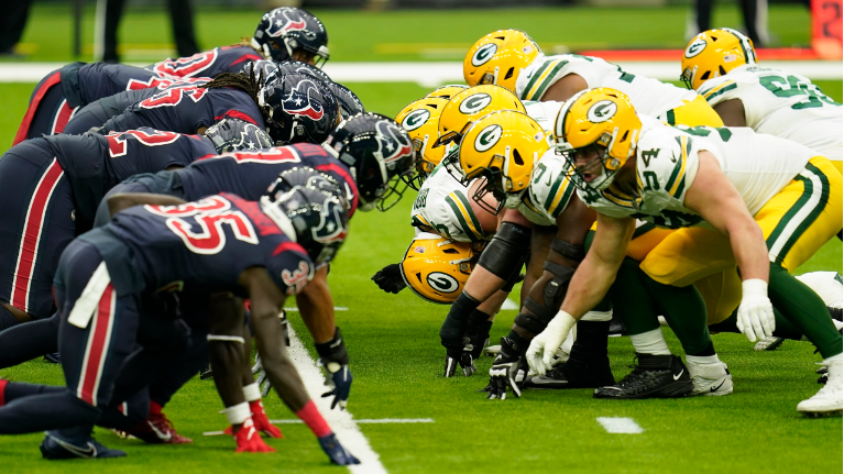 Green Bay Packers line of scrimmage during an NFL football game against the Houston Texans, Sunday in Houston. (AP Photo/Matt Patterson)