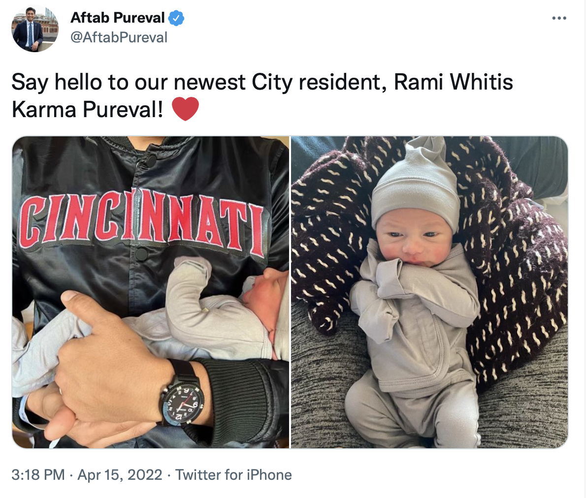 Mayor Pureval posted on Twitter a photo of him with his new son.