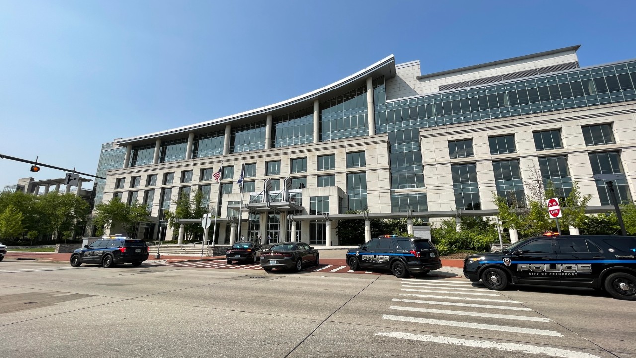 Kentucky State Police respond to reports of a person with a firearm at the Kentucky Transportation Cabinet building on May 17, 2023. (Spectrum News 1/Mason Brighton)